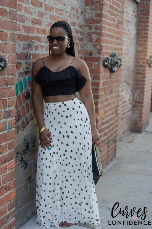 asos polka dot maxi skirt, pleated maxi skirt, curvy style blogger, how curvy girls dress, summer date outfit, summer brunch outfit, ruffle top and maxi skirt, polka dot maxi skirt, miami style blogger