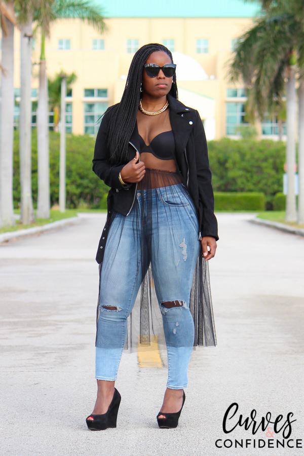 sheer dress and faux suede jacket