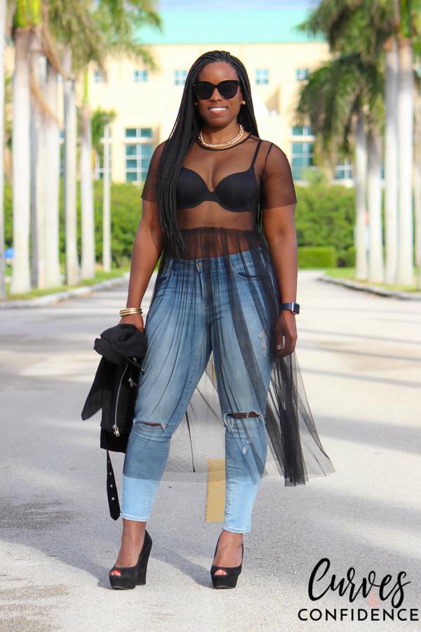 midi sheer dress and old navy distressed jeans