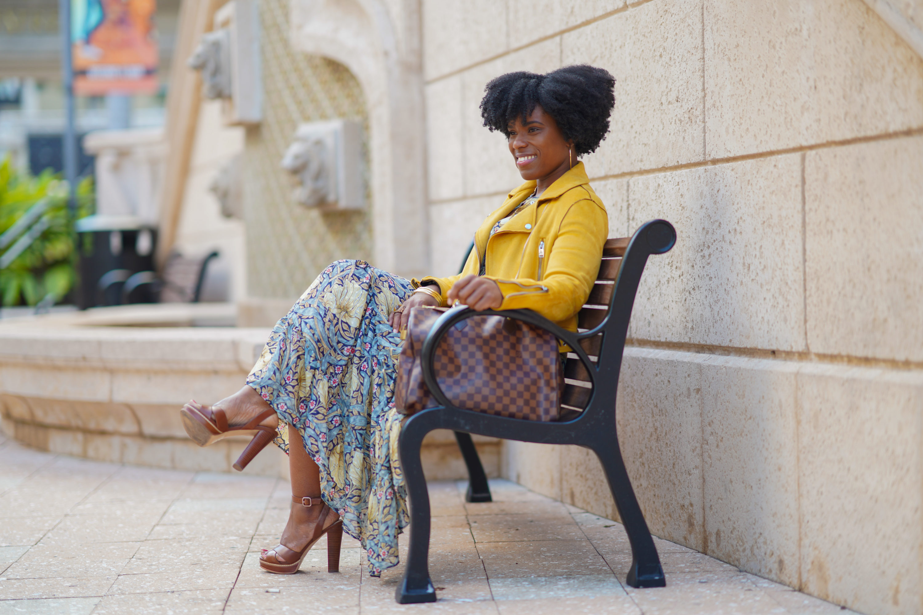 faux suede yellow motorcycle jacket, floral midi dress, natural hair, 4c natural hair faux suede yellow motorcycle jacket, floral midi dress, natural hair, 4c natural hair
